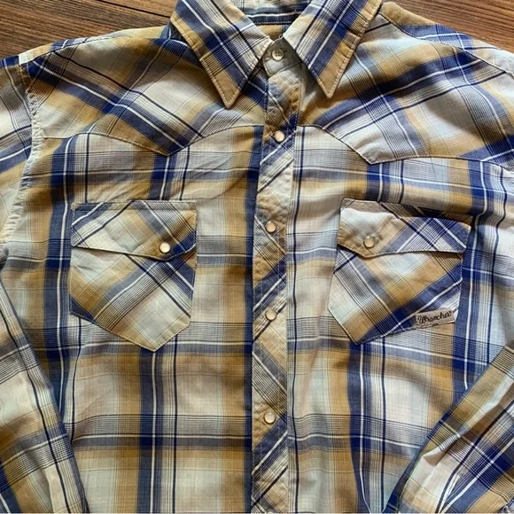 Wrangler Wrancher Pearl Snap Western Shirt Men’s Blue Plaid Size Large Cowboy - Picture 7 of 16